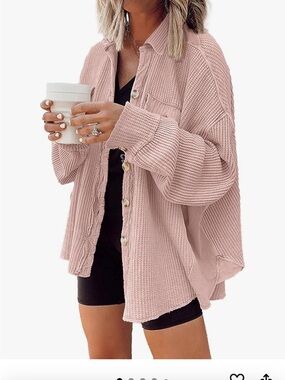 Light Pink Waffle Knit Button-Down Shacket